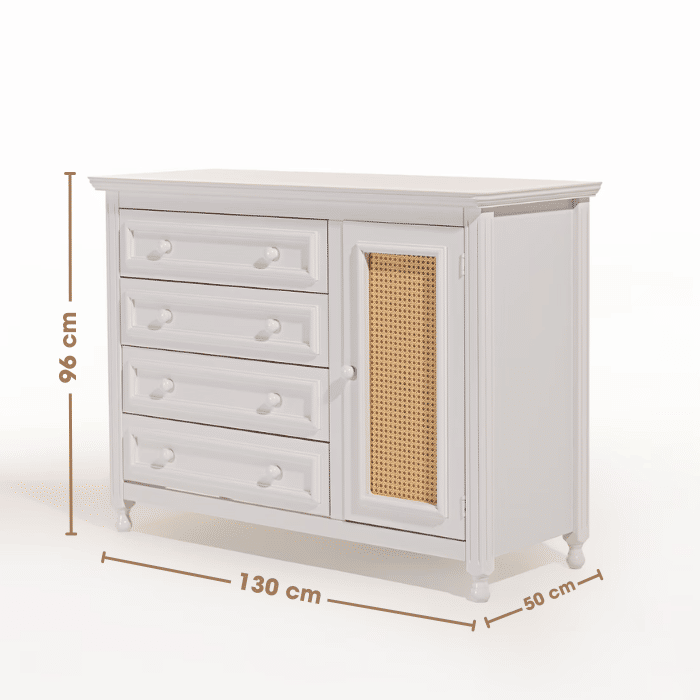 Cômoda Feliz 4 Gavetas Porta com Tela Trançada Cor Branca com Palha Mel