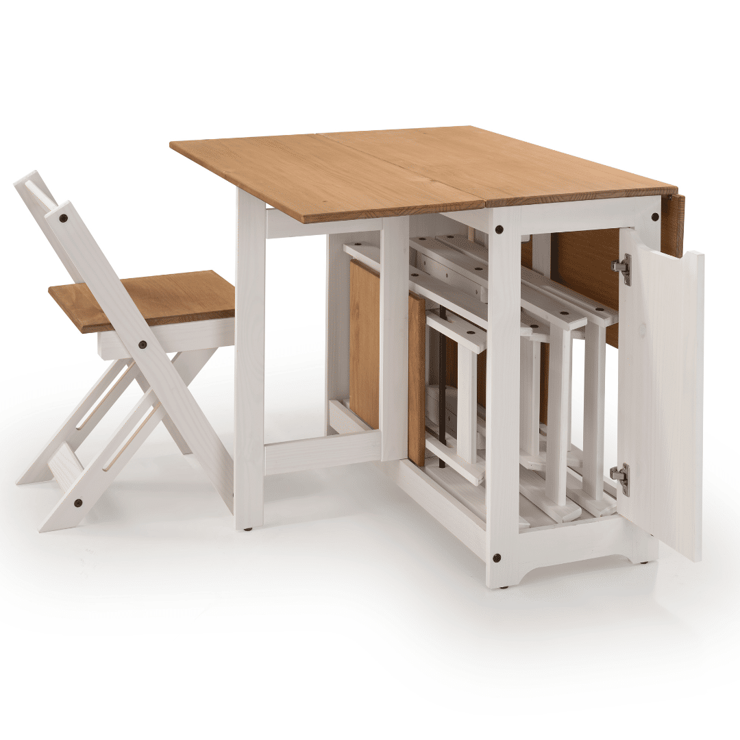 Mesa Dobrável Borboleta com 4 Cadeiras em Madeira Maciça de Pinus Branco Cera