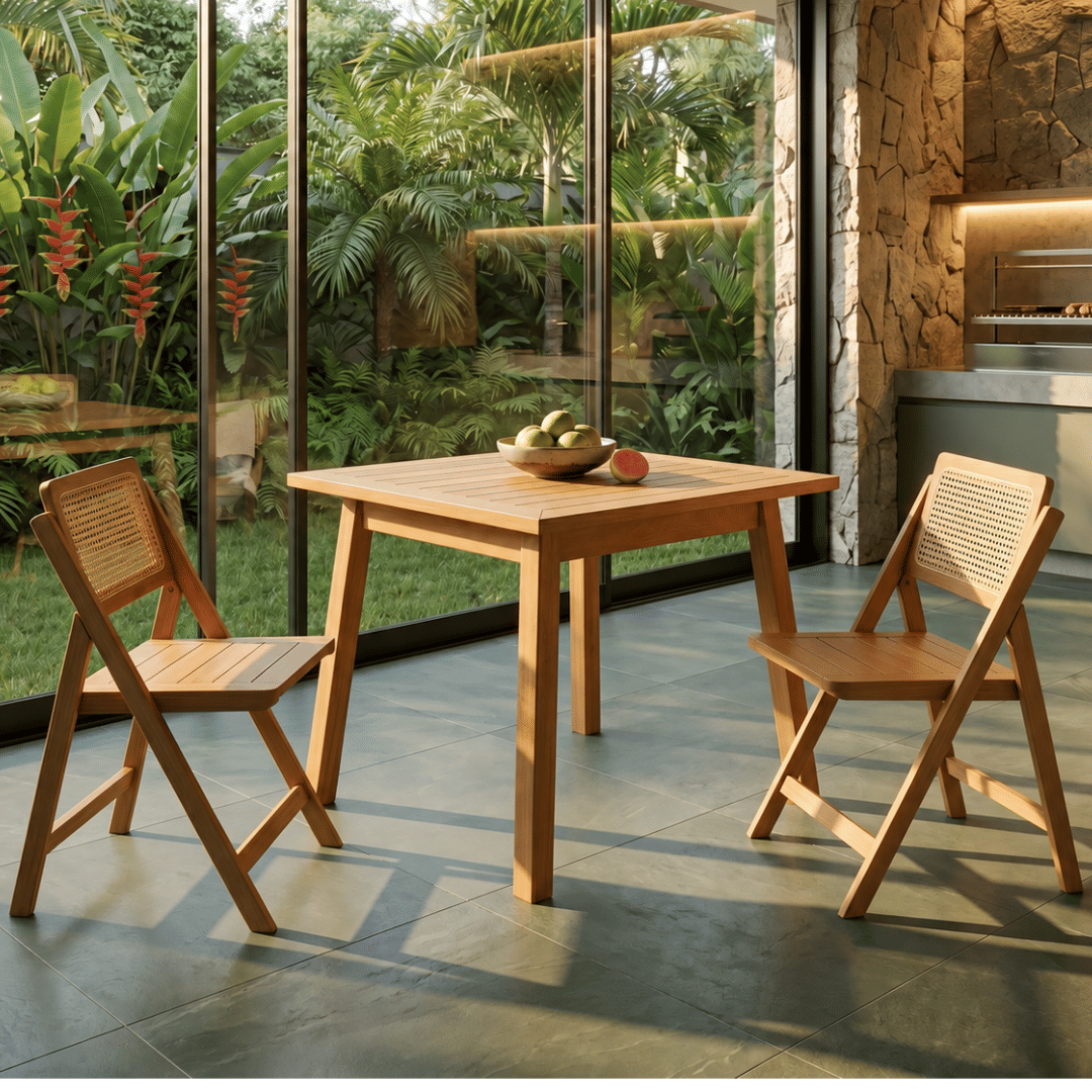Conjunto de Mesa Quadrada com 2 Cadeiras em Madeira de Eucalipto com Encosto em Rattan Natural na Cor Pitanga Conjunto de Mesa Quadrada com 2 Cadeiras em Madeira de Eucalipto com Encosto em Rattan Natural na Cor Pitanga
