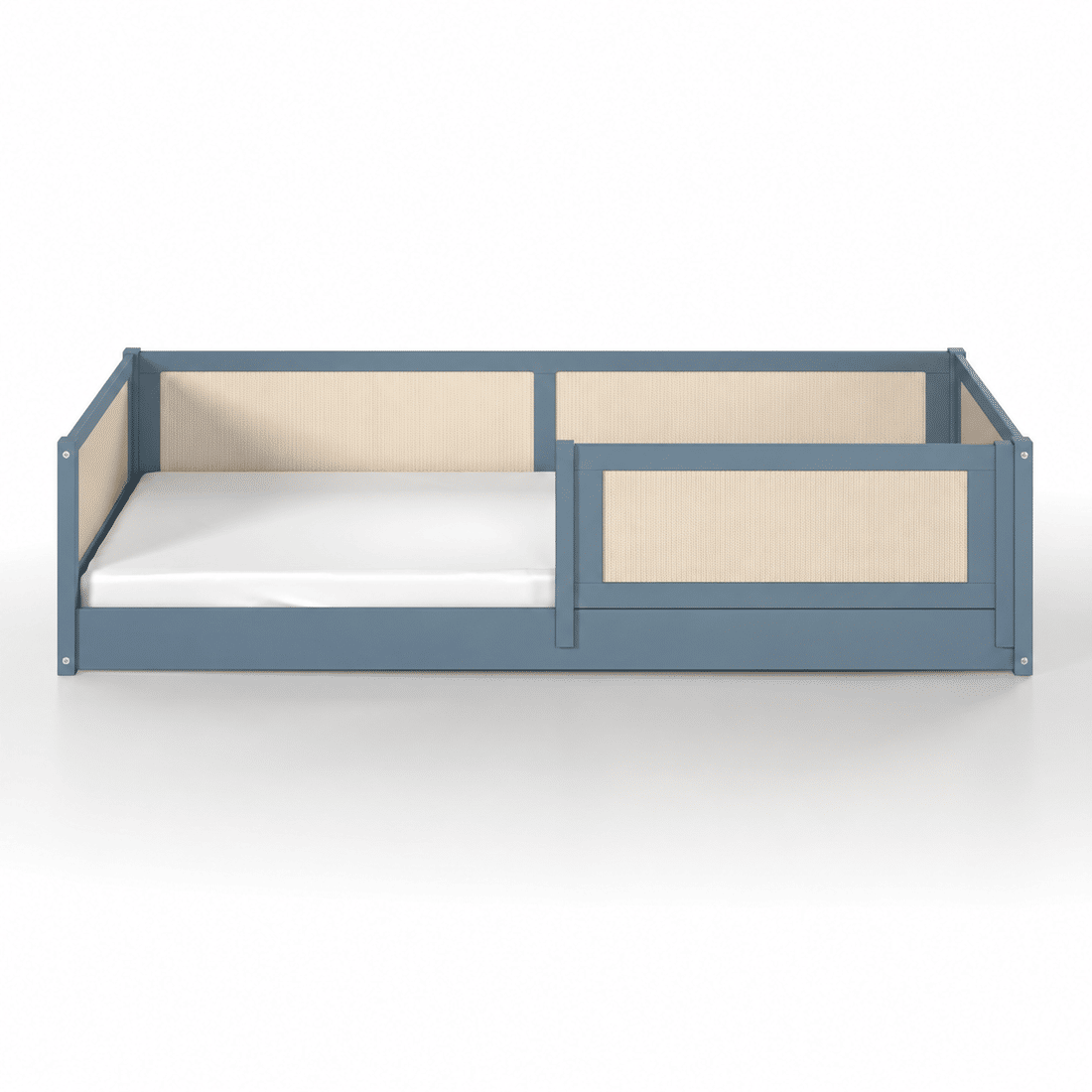 Cama Infantil de Solteiro Montessori Azul Com Rattan Cama Infantil de Solteiro Montessori Azul Com Rattan