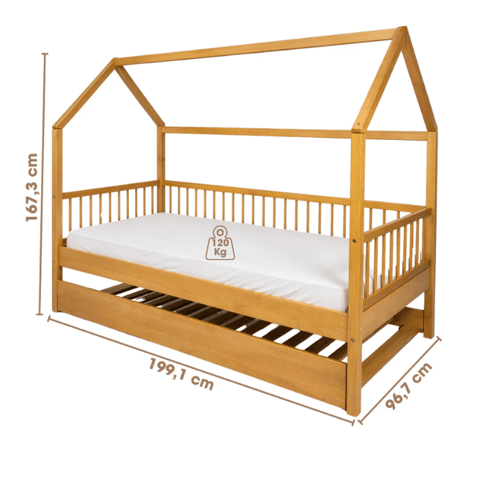 Cama Infantil Casinha Com Cama Auxiliar Bloomie em Madeira Maciça Pinus Mel Cama Infantil Casinha Com Cama Auxiliar Bloomie em Madeira Maciça Pinus Mel