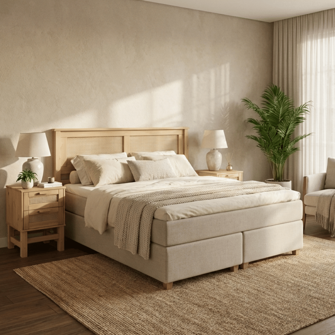 Kit Cabeceira + 2 Mesas de Cabeceira Duas Gavetas de Rattan Nature Kit Cabeceira + 2 Mesas de Cabeceira Duas Gavetas de Rattan Nature