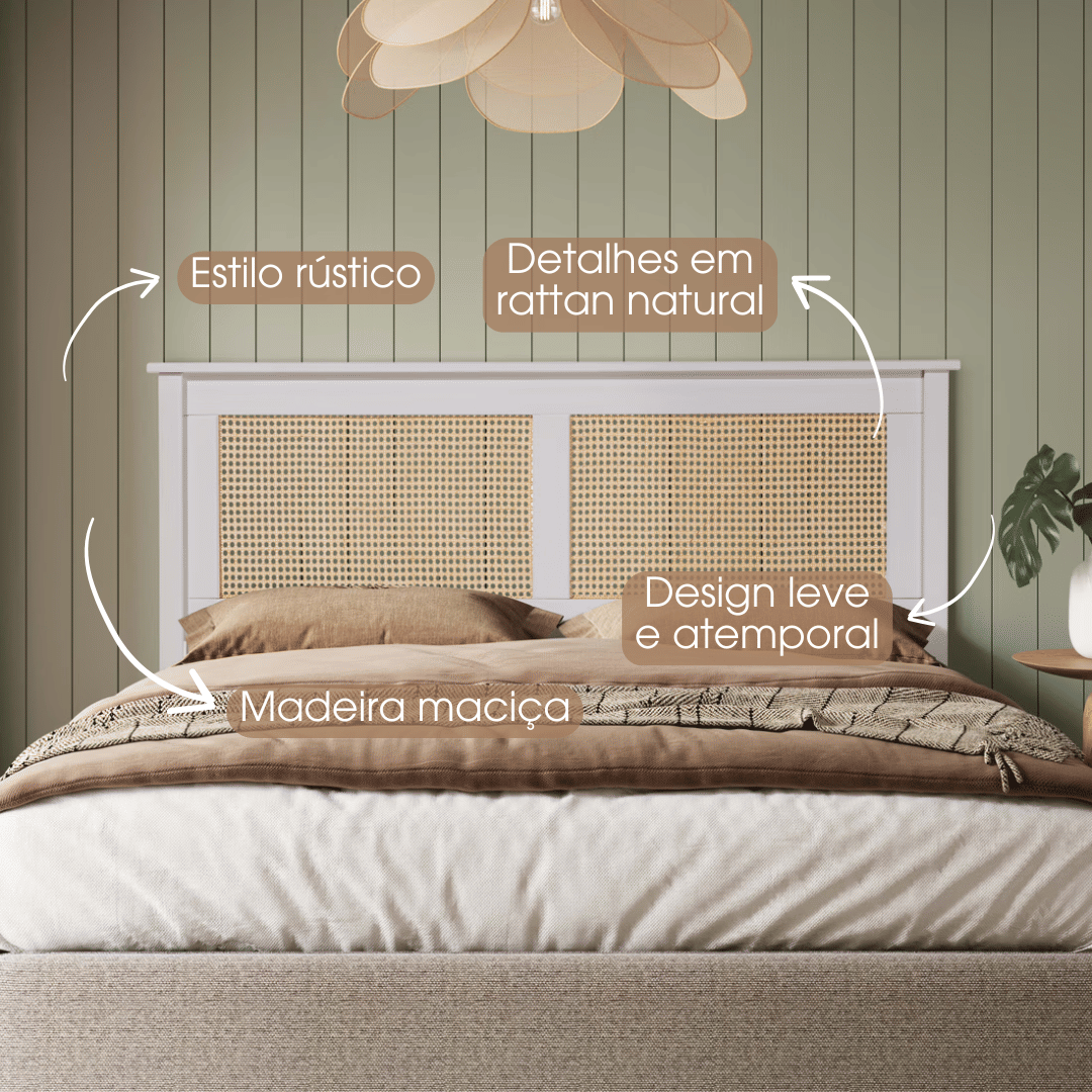 Cabeceira de Cama CASAL 144cm Nature Madeira e Rattan na Cor Branca