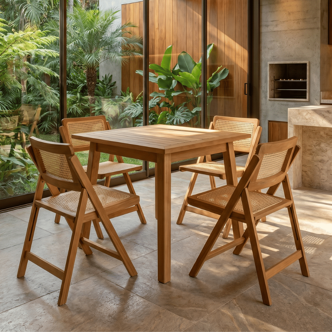 Conjunto de Mesa Quadrada com 4 Cadeiras em Madeira de Eucalipto com Assento e Encosto em Rattan Natural na Cor Pitanga Conjunto de Mesa Quadrada com 4 Cadeiras em Madeira de Eucalipto com Assento e Encosto em Rattan Natural na Cor Pitanga