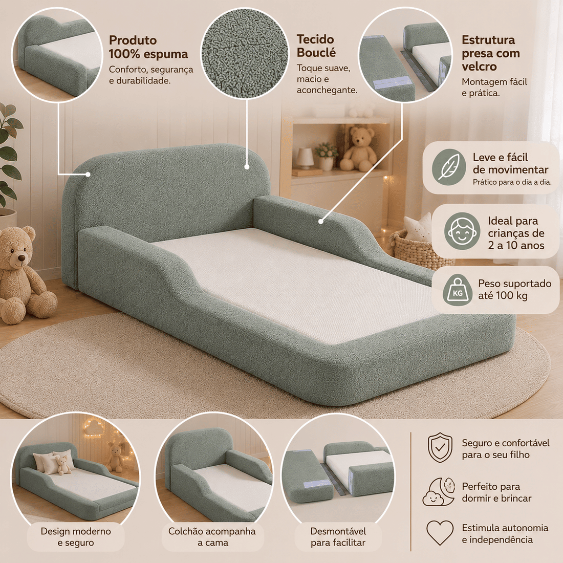 Cama Infantil de Solteiro Montessori em Espuma D28 Bouclé Verde com Colchão