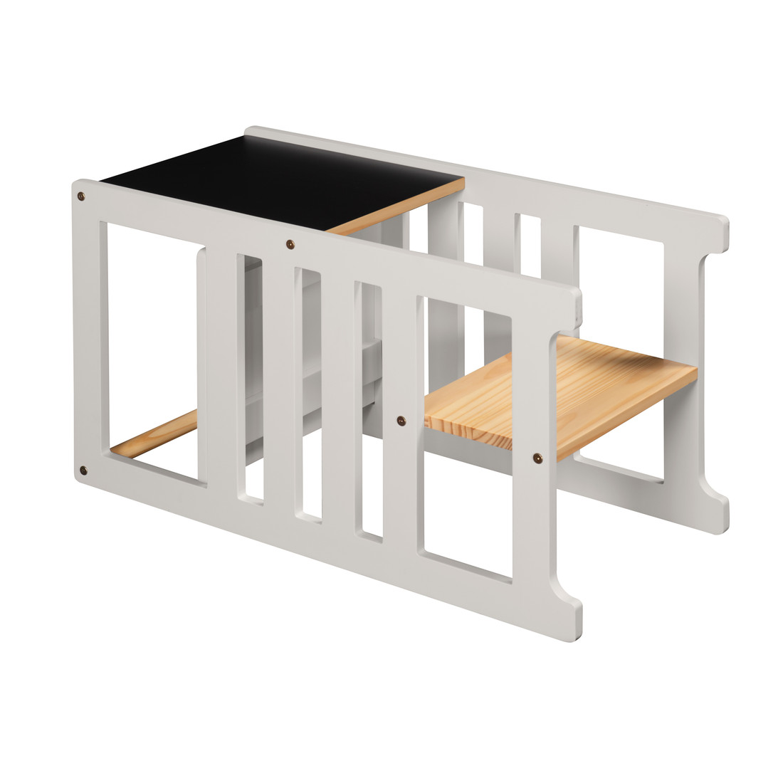 Torre de Aprendizagem Montessori 4 em 1 Cinza Cadeirão Ajustável, Mesinha de Atividades, Quadro de Desenhos