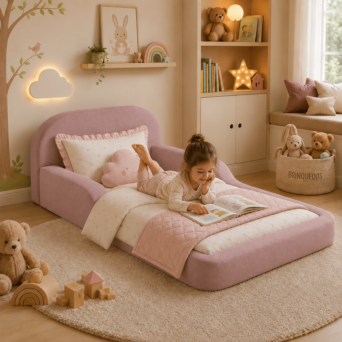 Cama Infantil de Solteiro Montessori em Espuma D28 Bouclé Rosa com Colchão Cama Infantil de Solteiro Montessori em Espuma D28 Bouclé Rosa com Colchão