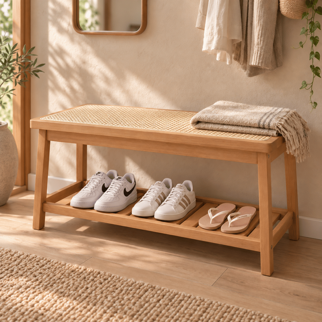 Banco Sapateira com Prateleira Ripada 90cm em Madeira Maciça e Rattan Cor Pitanga Banco Sapateira com Prateleira Ripada 90cm em Madeira Maciça e Rattan Cor Pitanga