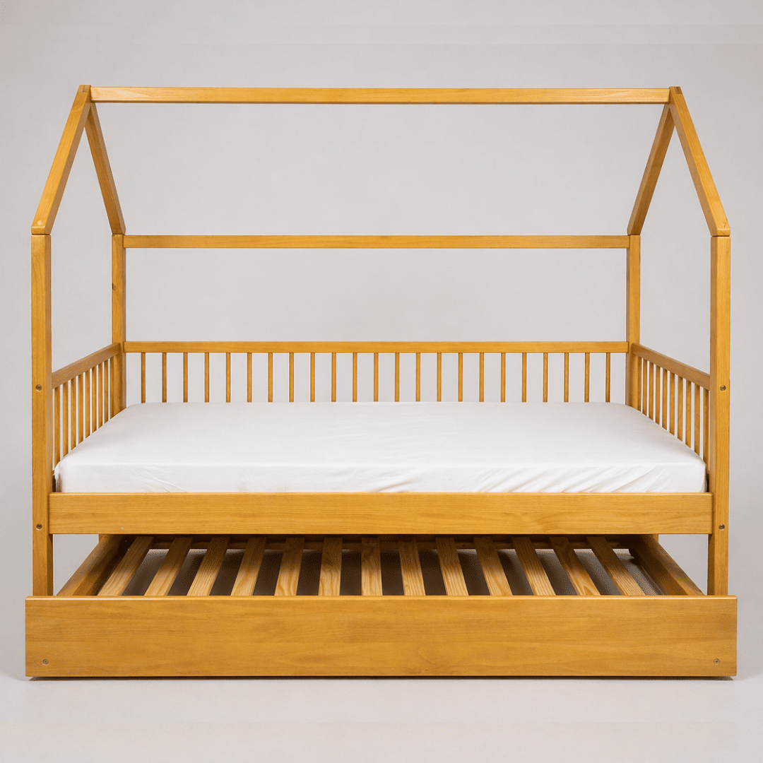 Cama Infantil Casinha Com Cama Auxiliar Bloomie em Madeira Maciça Pinus Mel Cama Infantil Casinha Com Cama Auxiliar Bloomie em Madeira Maciça Pinus Mel