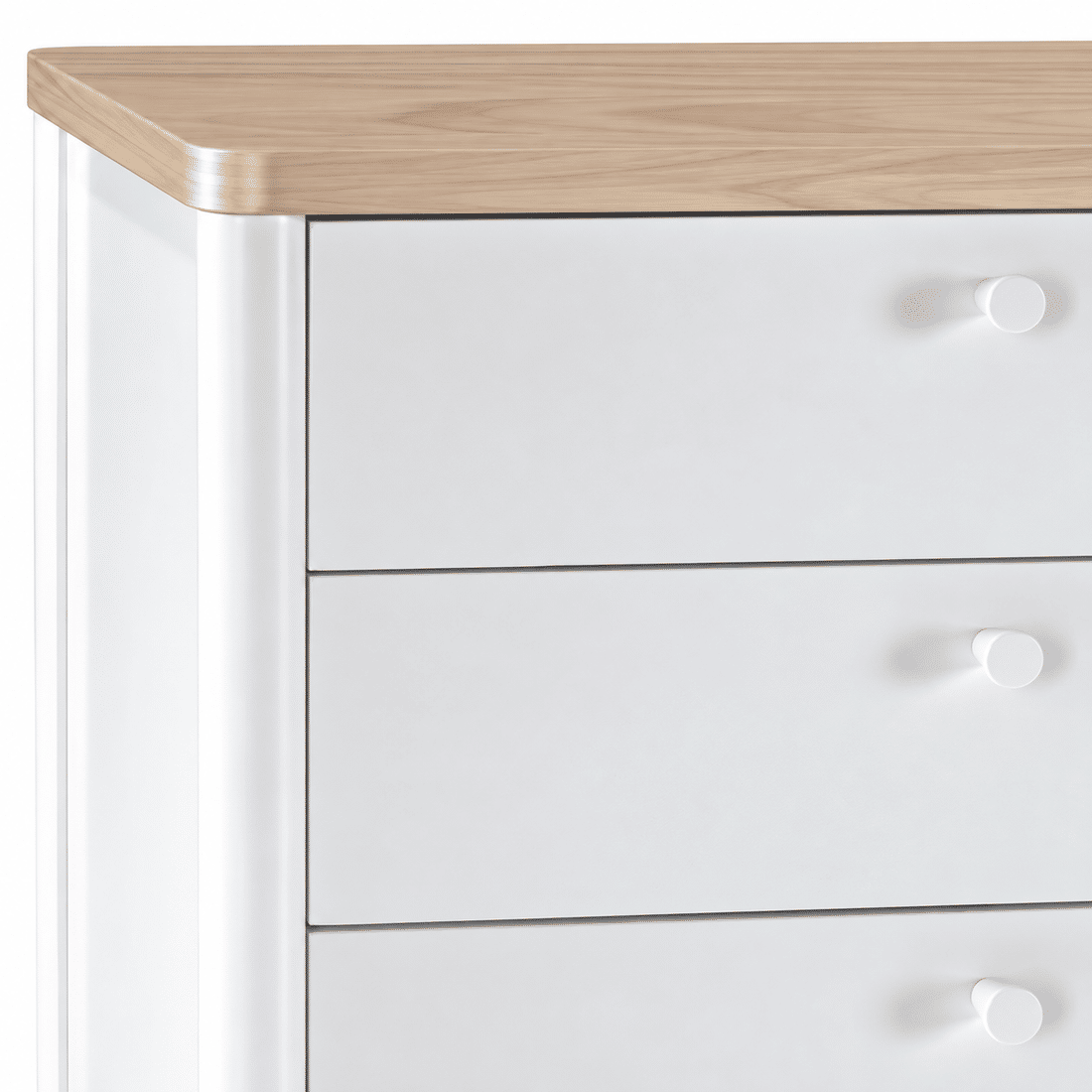 Cômoda Pop 4 Gavetas e 1 Porta em Madeira Maciça Branca com Tampo Natural Cômoda Pop 4 Gavetas e 1 Porta em Madeira Maciça Branca com Tampo Natural