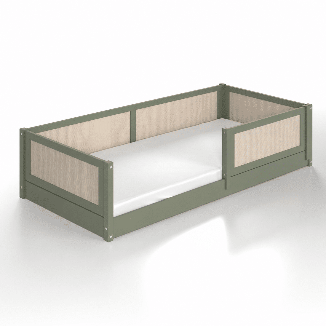 Cama Infantil de Solteiro Montessori Verde Oliva Com Rattan