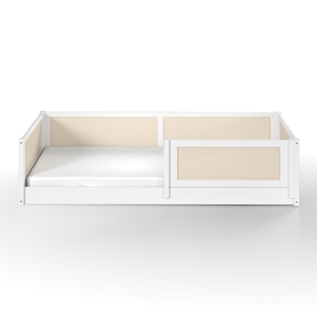 Cama Infantil de Solteiro Montessori Branca Com Rattan