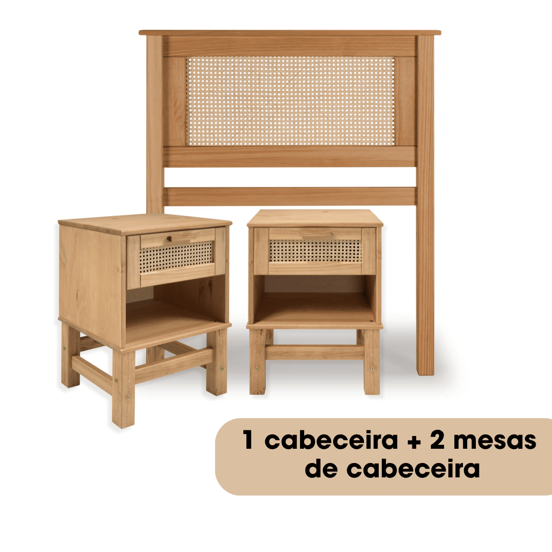 Kit Cabeceira SOLTEIRO + 2 Mesas de Cabeceira 1 Gaveta de Rattan Nature Kit Cabeceira SOLTEIRO + 2 Mesas de Cabeceira 1 Gaveta de Rattan Nature