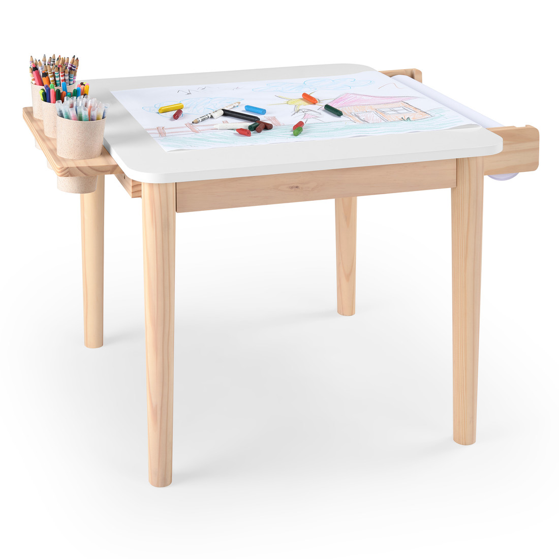 Mesa Infantil Quadrada de Madeira Maciça 61cm Branca com Porta-Lápis e Suporte para Papel Mesa Infantil Quadrada de Madeira Maciça 61cm Branca com Porta-Lápis e Suporte para Papel