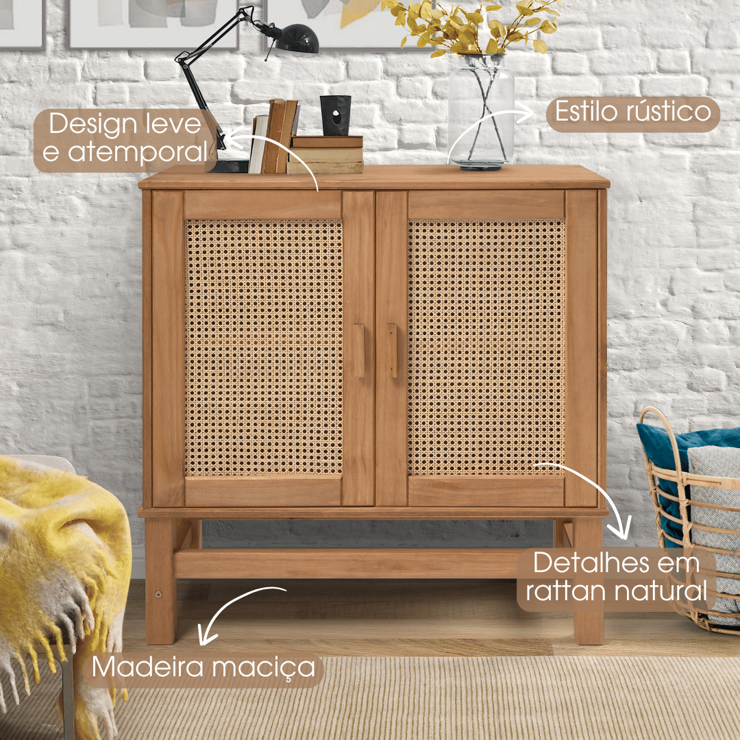 Balcão Buffet Nature em Madeira e Rattan Natural 02 Portas Balcão Buffet Nature em Madeira e Rattan Natural 02 Portas