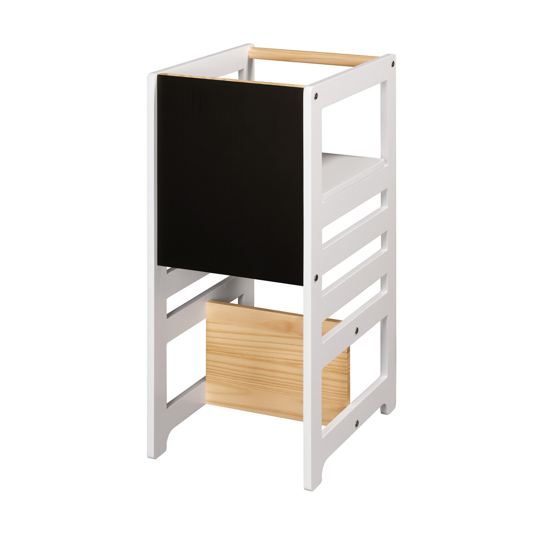 Torre de Aprendizagem Montessori 4 em 1 Branca Cadeirão Ajustável, Mesinha de Atividades, Quadro de Desenhos