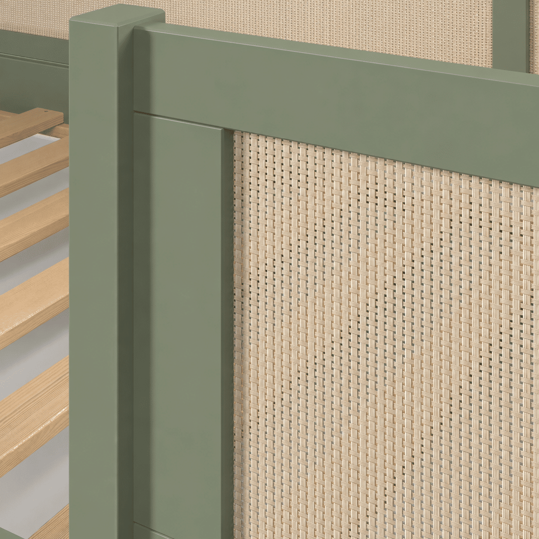 Cama Infantil de Solteiro Montessori Verde Oliva Com Rattan
