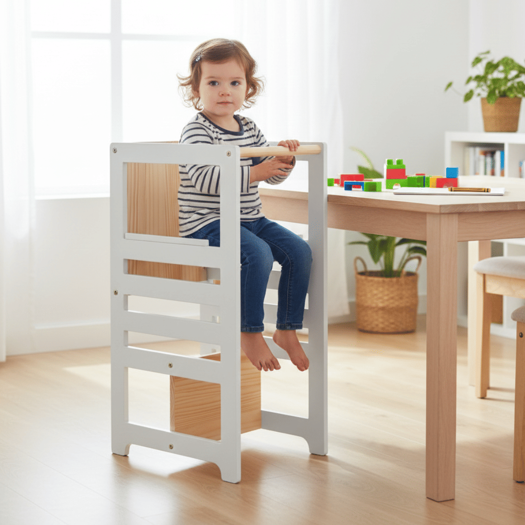 Torre de Aprendizagem Montessori 4 em 1 Cinza Cadeirão Ajustável, Mesinha de Atividades, Quadro de Desenhos