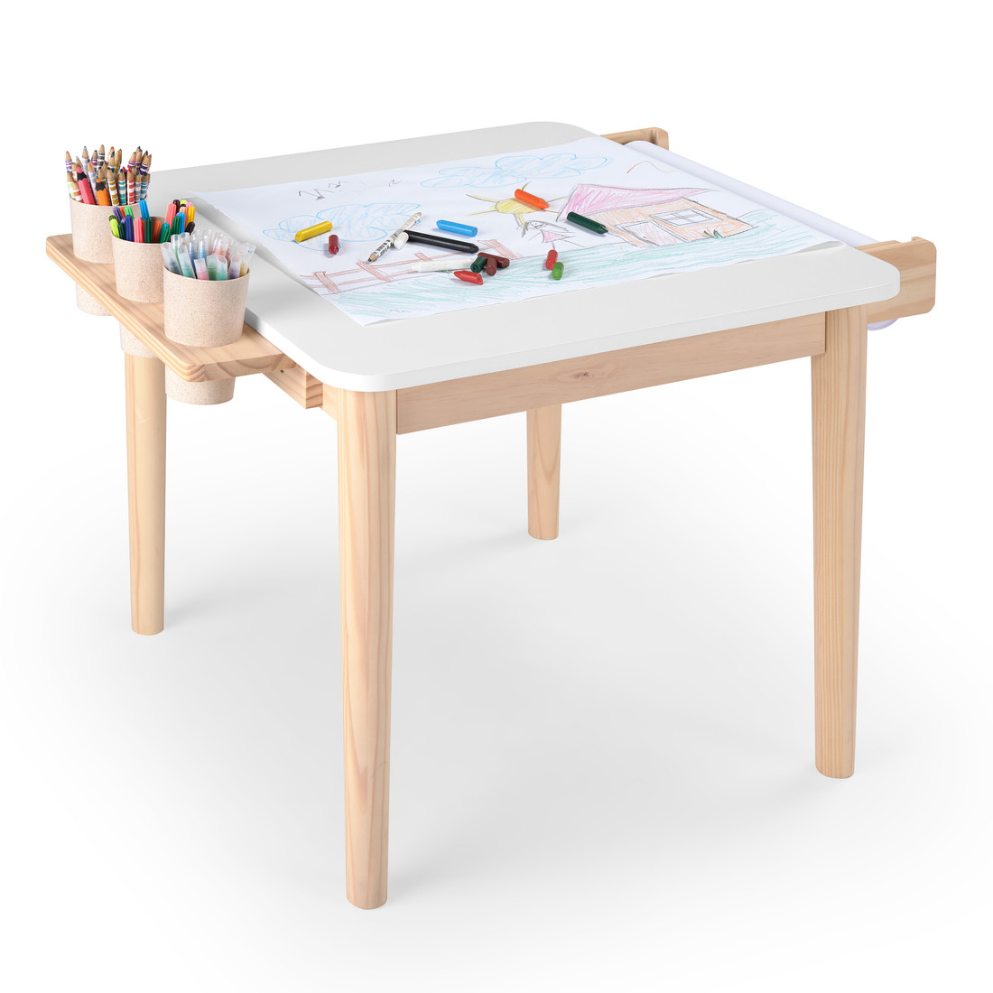 Mesa Infantil Quadrada de Madeira Maciça 61cm Branca com Porta-Lápis e Suporte para Papel Mesa Infantil Quadrada de Madeira Maciça 61cm Branca com Porta-Lápis e Suporte para Papel