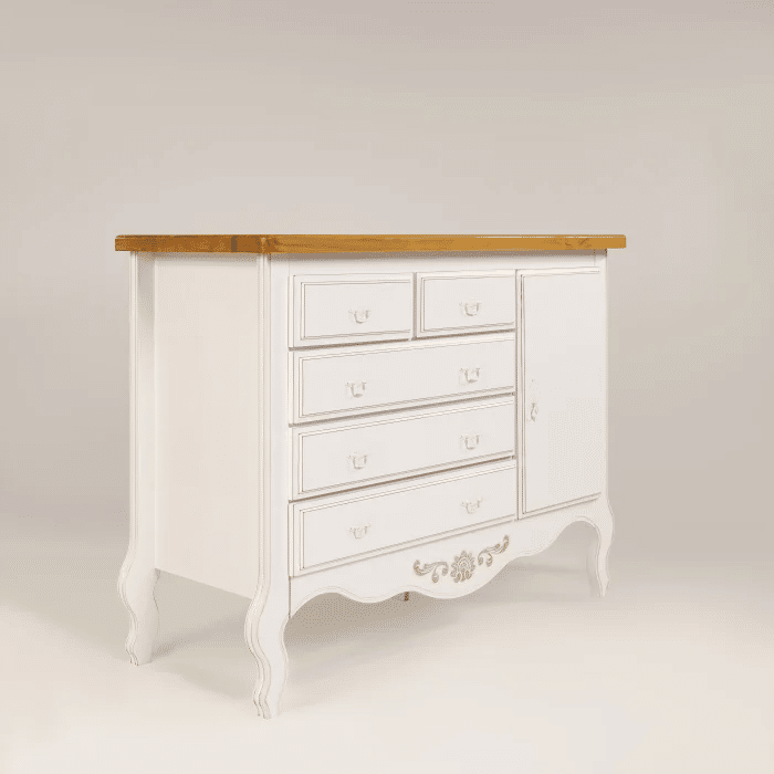 Cômoda Entalhada 5 Gavetas e 1 porta Branco Provençal com Tampo Mel