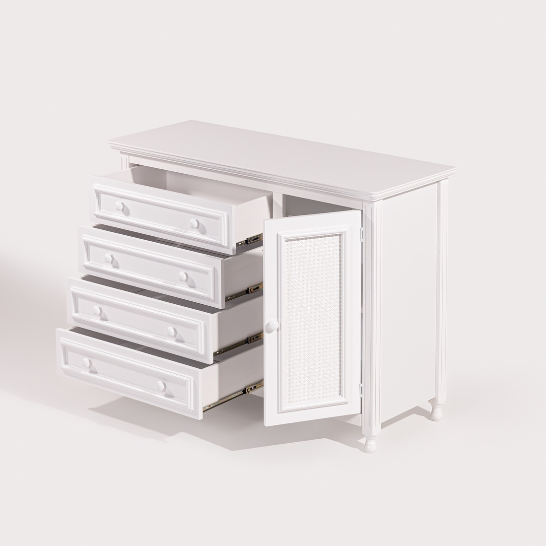 Kit Berço 3 em 1 + Cômoda 4 gavetas e 1 Porta com Rattan Branco | Linha Feliz + 1,2,3