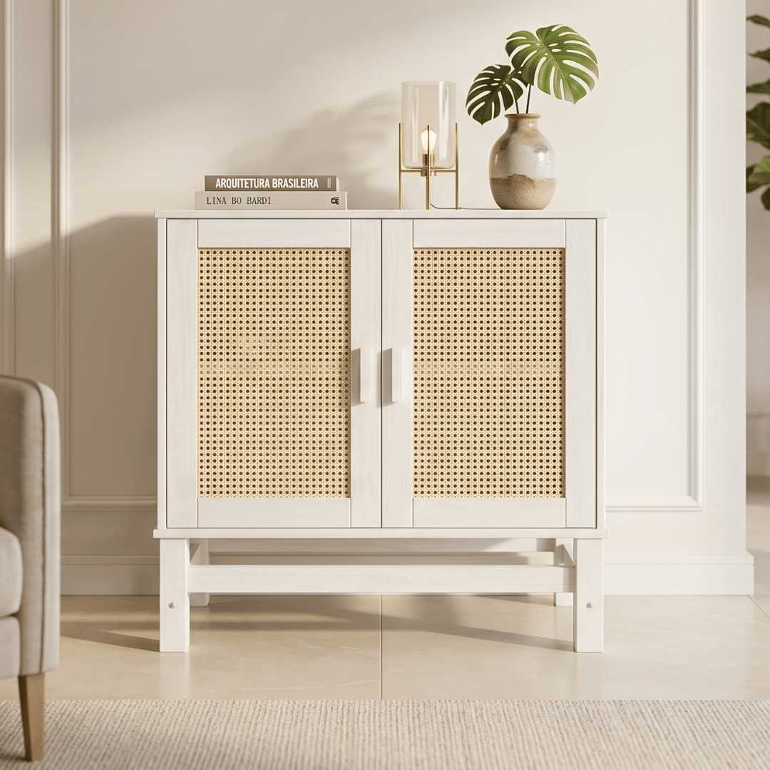 Balcão Buffet Nature em Madeira e Rattan Natural 02 Portas na Cor Branca