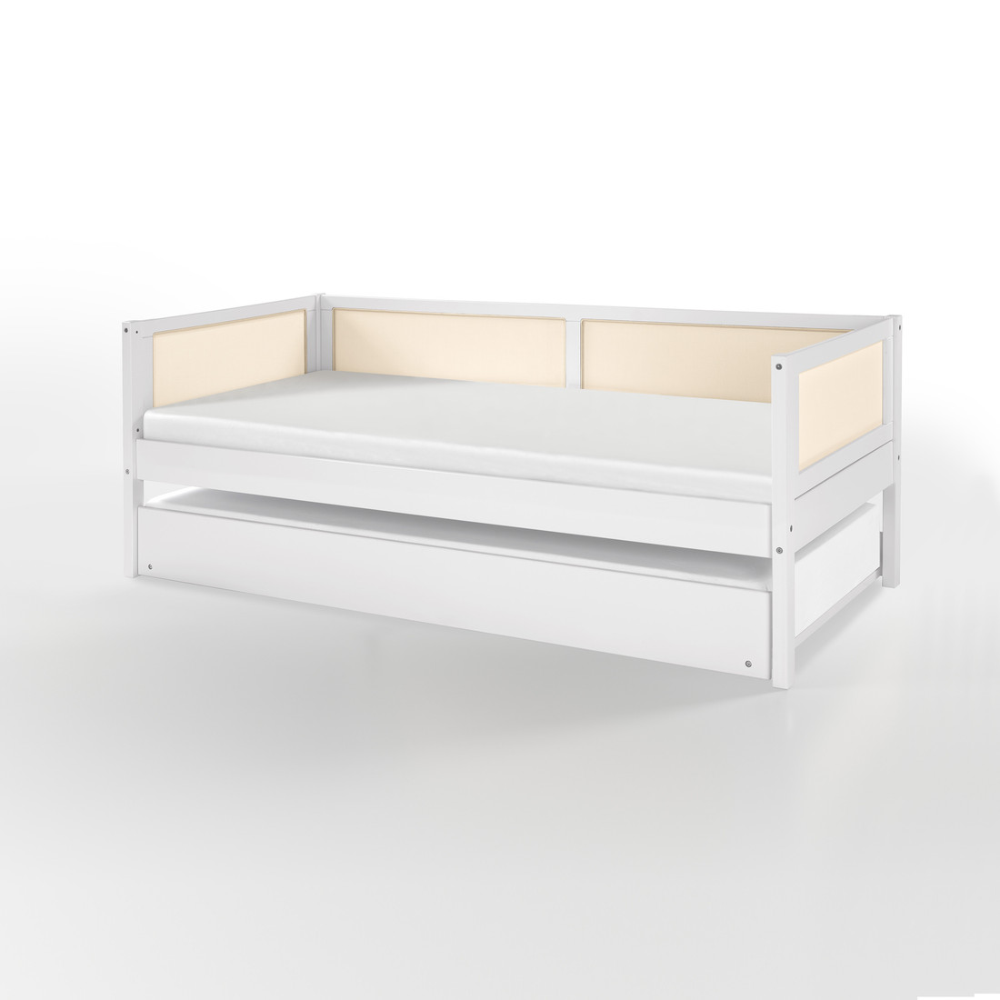 Cama de Solteiro com Cama Auxiliar na Cor Branca Com Rattan