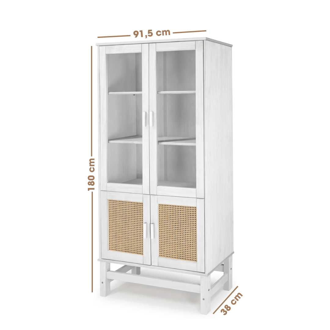 Cristaleira Nature em Madeira, Vidro e Rattan 04 Portas na Cor Branca