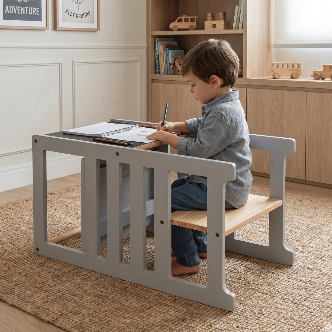 Torre de Aprendizagem Montessori 4 em 1 Cinza Cadeirão Ajustável, Mesinha de Atividades, Quadro de Desenhos Torre de Aprendizagem Montessori 4 em 1 Cinza Cadeirão Ajustável, Mesinha de Atividades, Quadro de Desenhos