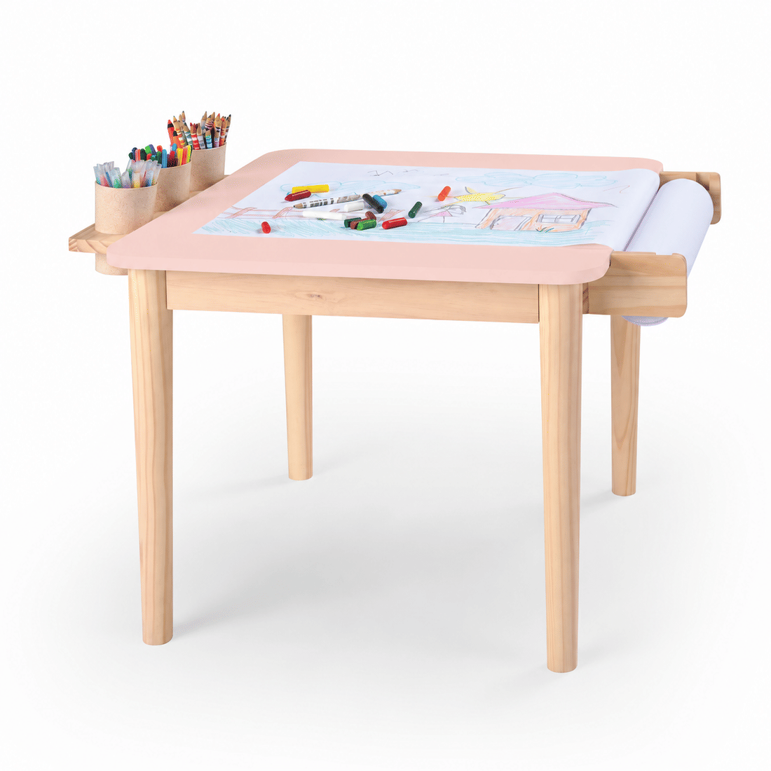 Mesa Infantil Quadrada de Madeira Maciça 61cm Rosa com Porta-Lápis e Suporte para Papel Mesa Infantil Quadrada de Madeira Maciça 61cm Rosa com Porta-Lápis e Suporte para Papel