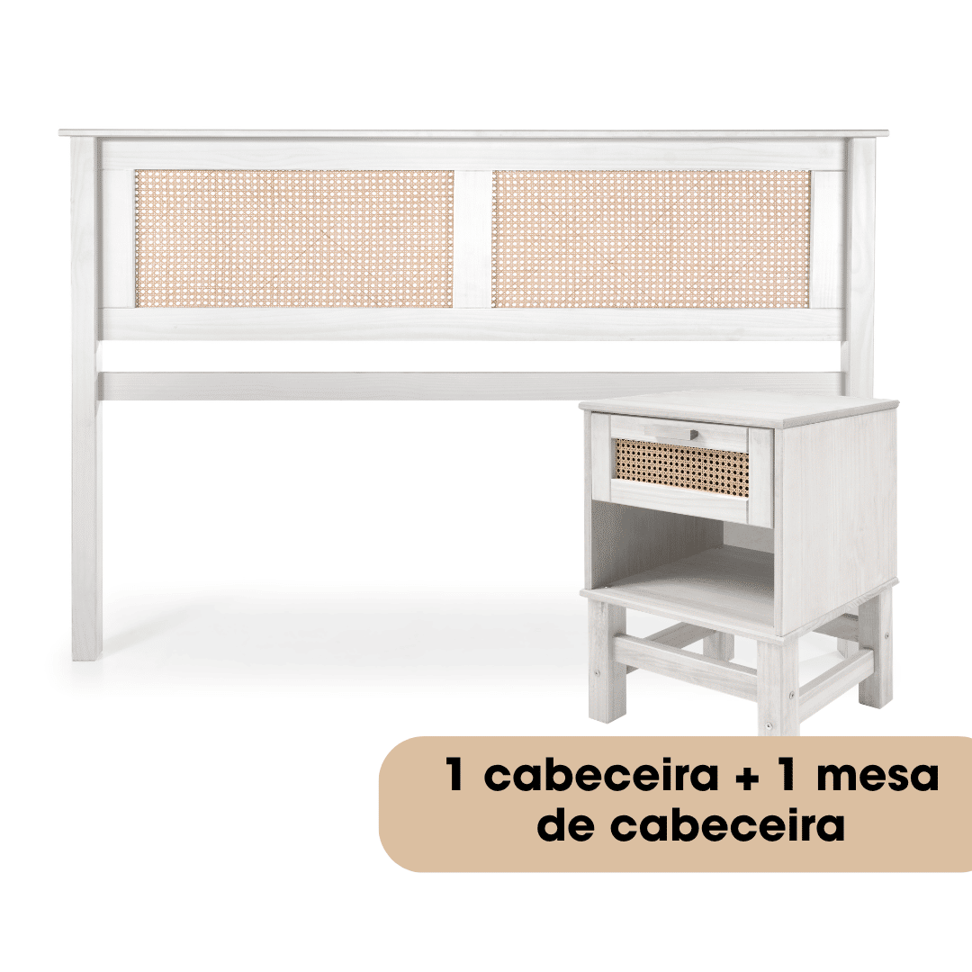 Kit Cabeceira + Mesa de Cabeceira Gaveta e Nicho de Rattan Nature na Cor Branca