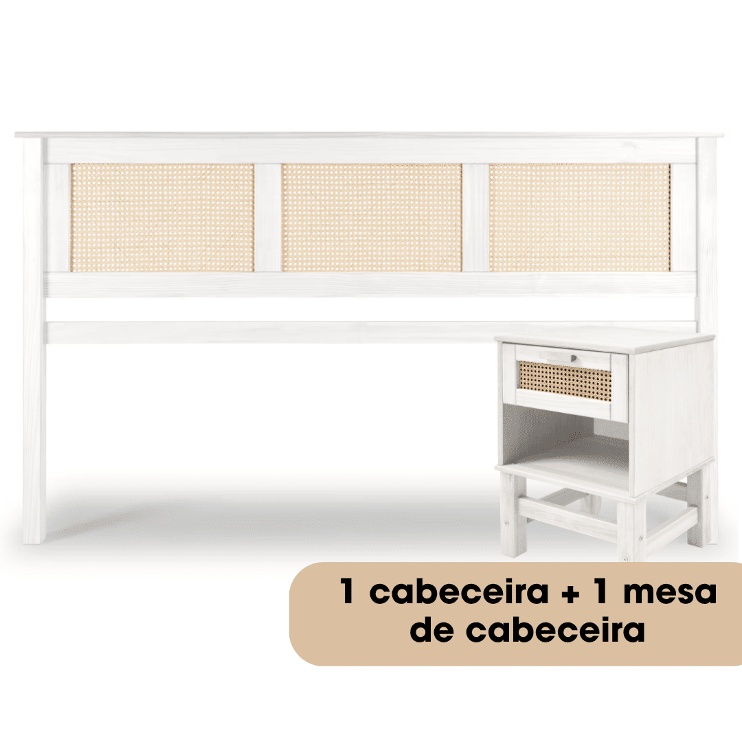 Kit Cabeceira KING + Mesa de Cabeceira Gaveta e Nicho de Rattan Nature na Cor Branca Kit Cabeceira KING + Mesa de Cabeceira Gaveta e Nicho de Rattan Nature na Cor Branca