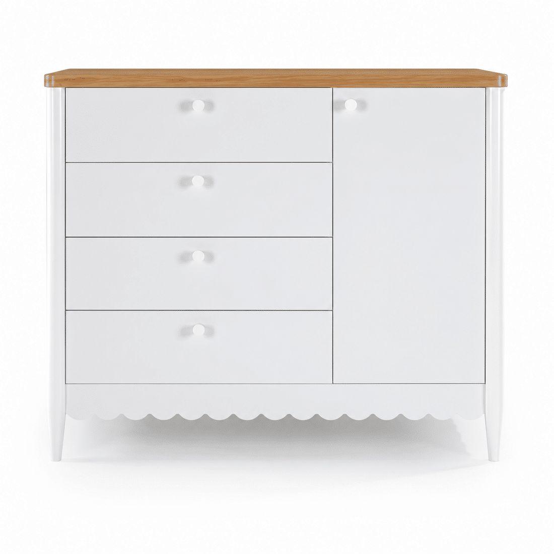 Cômoda Pop 4 Gavetas e 1 Porta em Madeira Maciça Branca com Tampo Mel Cômoda Pop 4 Gavetas e 1 Porta em Madeira Maciça Branca com Tampo Mel