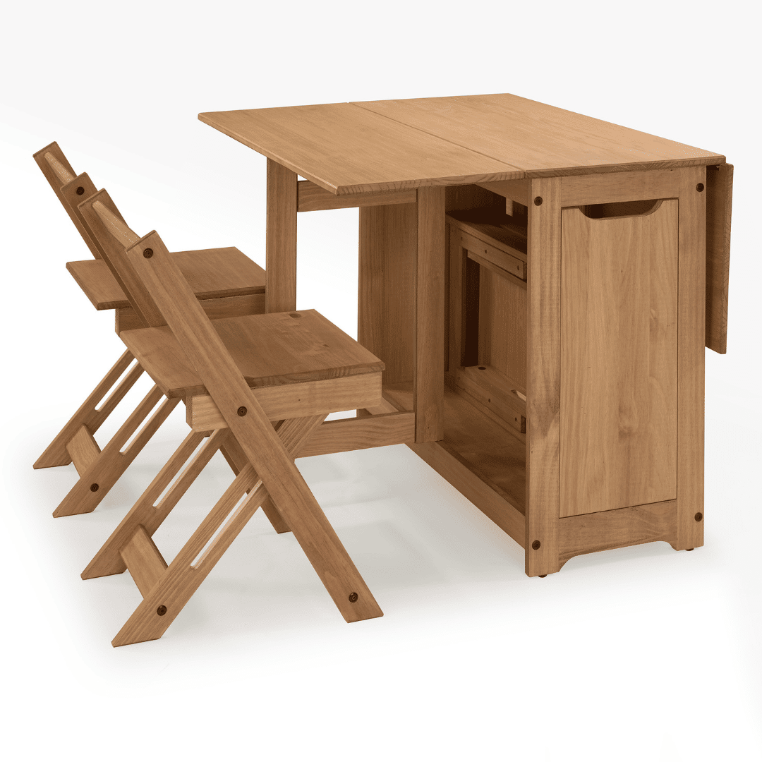 Mesa Dobrável Borboleta com 4 Cadeiras em Madeira Maciça de Pinus Cera