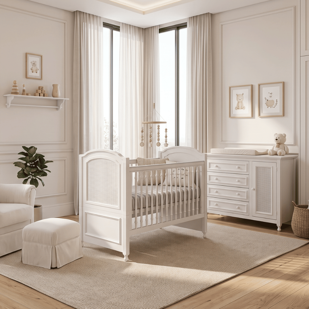 Kit Feliz Berço 2 em 1 e Cômoda 4 Gavetas e 1 Porta com Rattan em Madeira Maciça Branco Kit Feliz Berço 2 em 1 e Cômoda 4 Gavetas e 1 Porta com Rattan em Madeira Maciça Branco