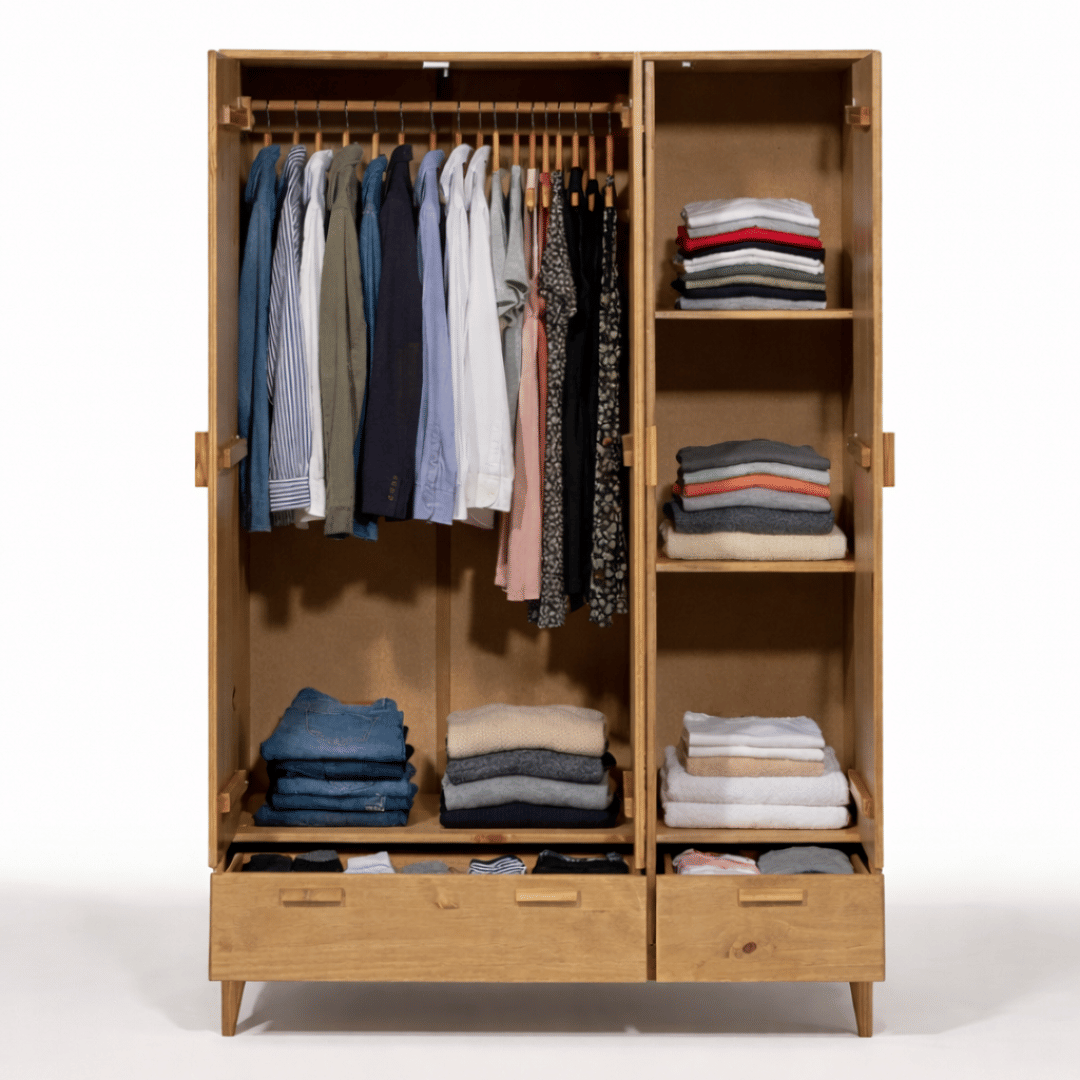 Roupeiro Alamo 3 Portas e 2 Gavetas em Madeira Natural