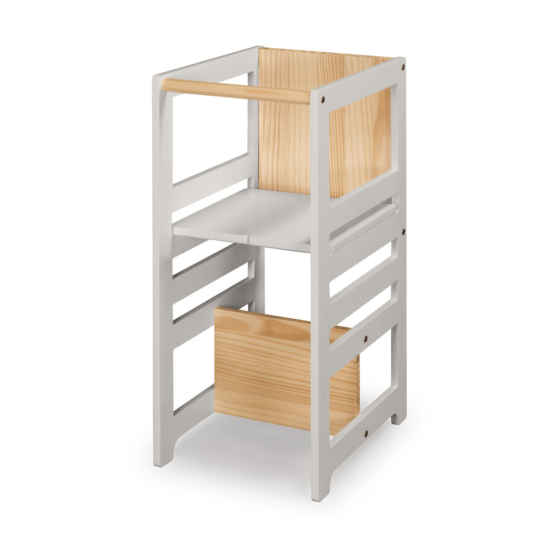 Torre de Aprendizagem Montessori 4 em 1 Cinza Cadeirão Ajustável, Mesinha de Atividades, Quadro de Desenhos