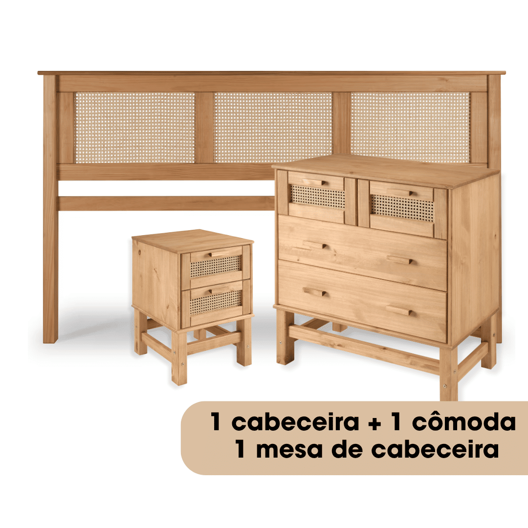 Kit Cabeceira KING + Cômoda + Mesa de Cabeceira 2 Gavetas de Rattan Nature Kit Cabeceira KING + Cômoda + Mesa de Cabeceira 2 Gavetas de Rattan Nature