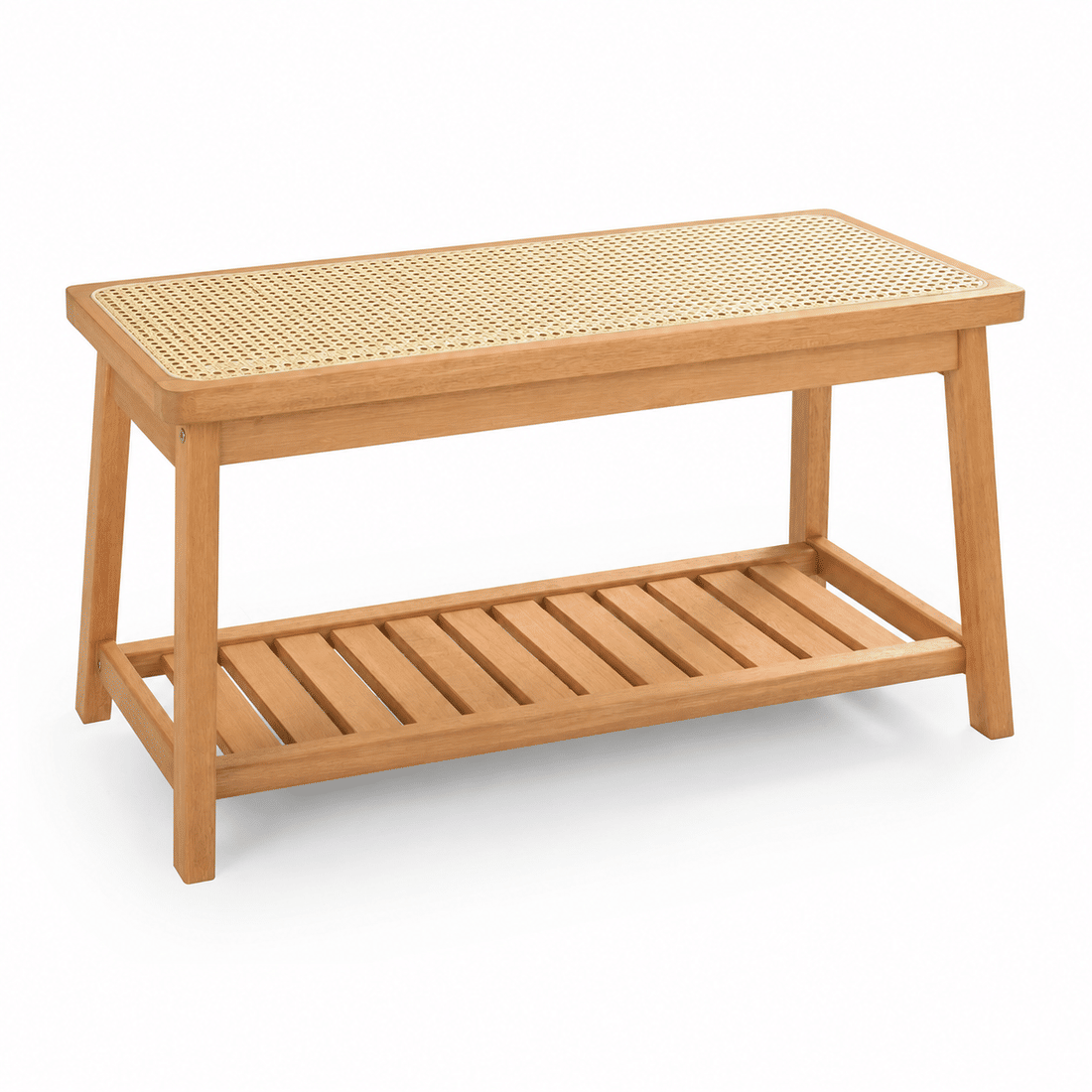 Banco Sapateira com Prateleira Ripada 90cm em Madeira Maciça e Rattan Cor Pitanga Banco Sapateira com Prateleira Ripada 90cm em Madeira Maciça e Rattan Cor Pitanga