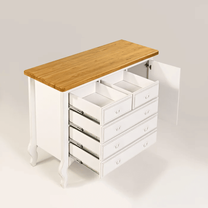 Cômoda Entalhada 5 Gavetas e 1 porta Branco Provençal com Tampo Mel