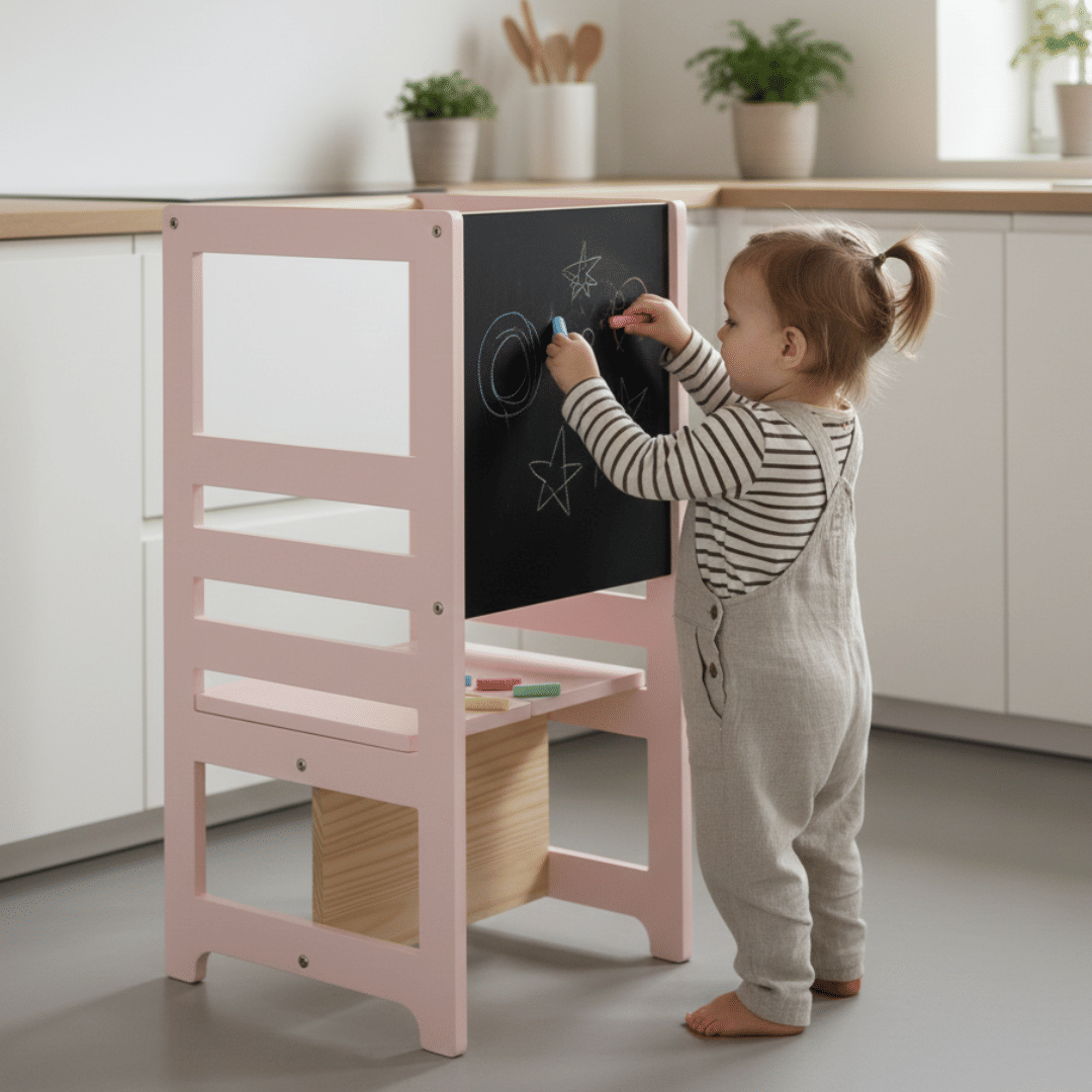 Torre de Aprendizagem Montessori 4 em 1 Rosa Cadeirão Ajustável, Mesinha de Atividades, Quadro de Desenhos