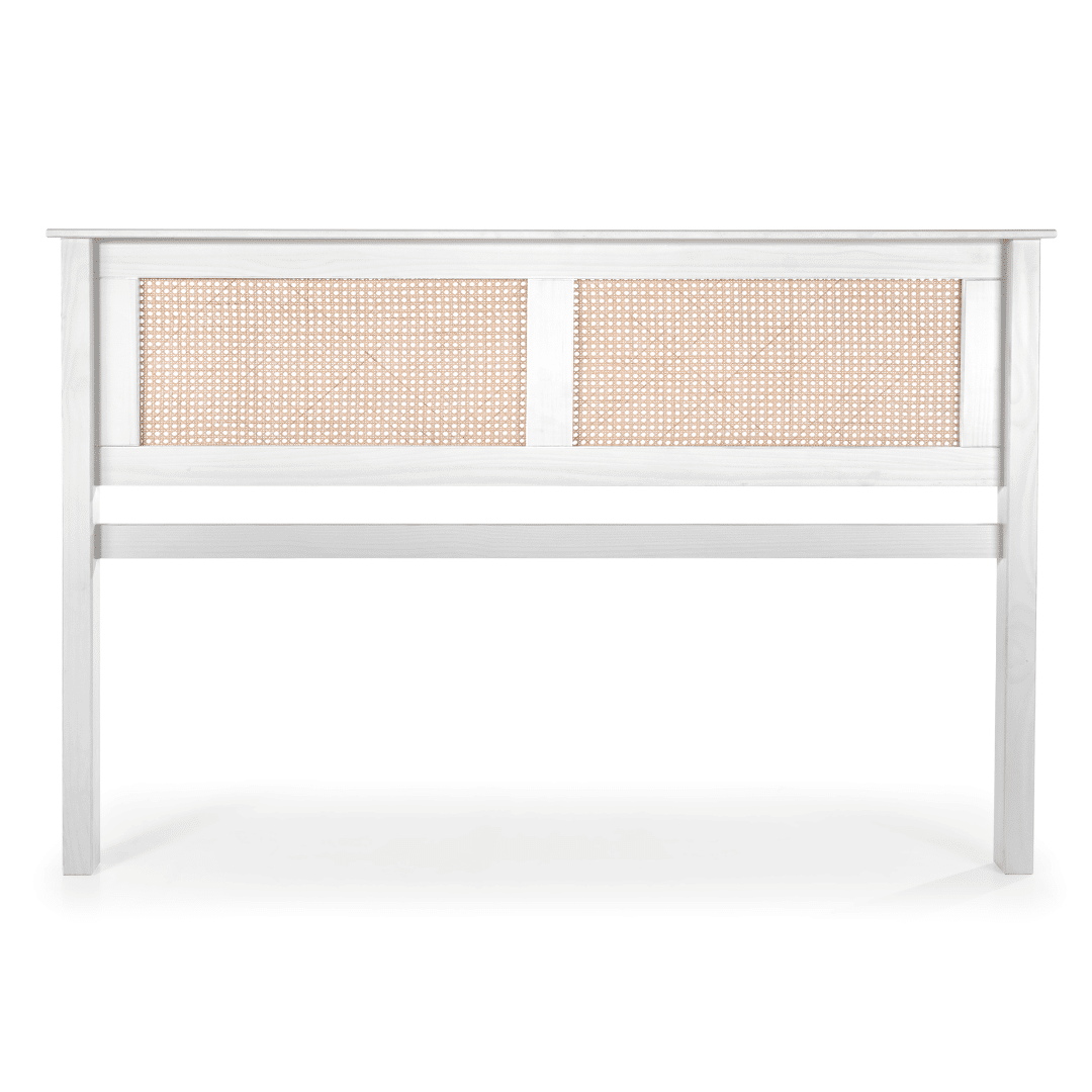 Kit Cabeceira + Mesa de Cabeceira Gaveta e Nicho de Rattan Nature na Cor Branca