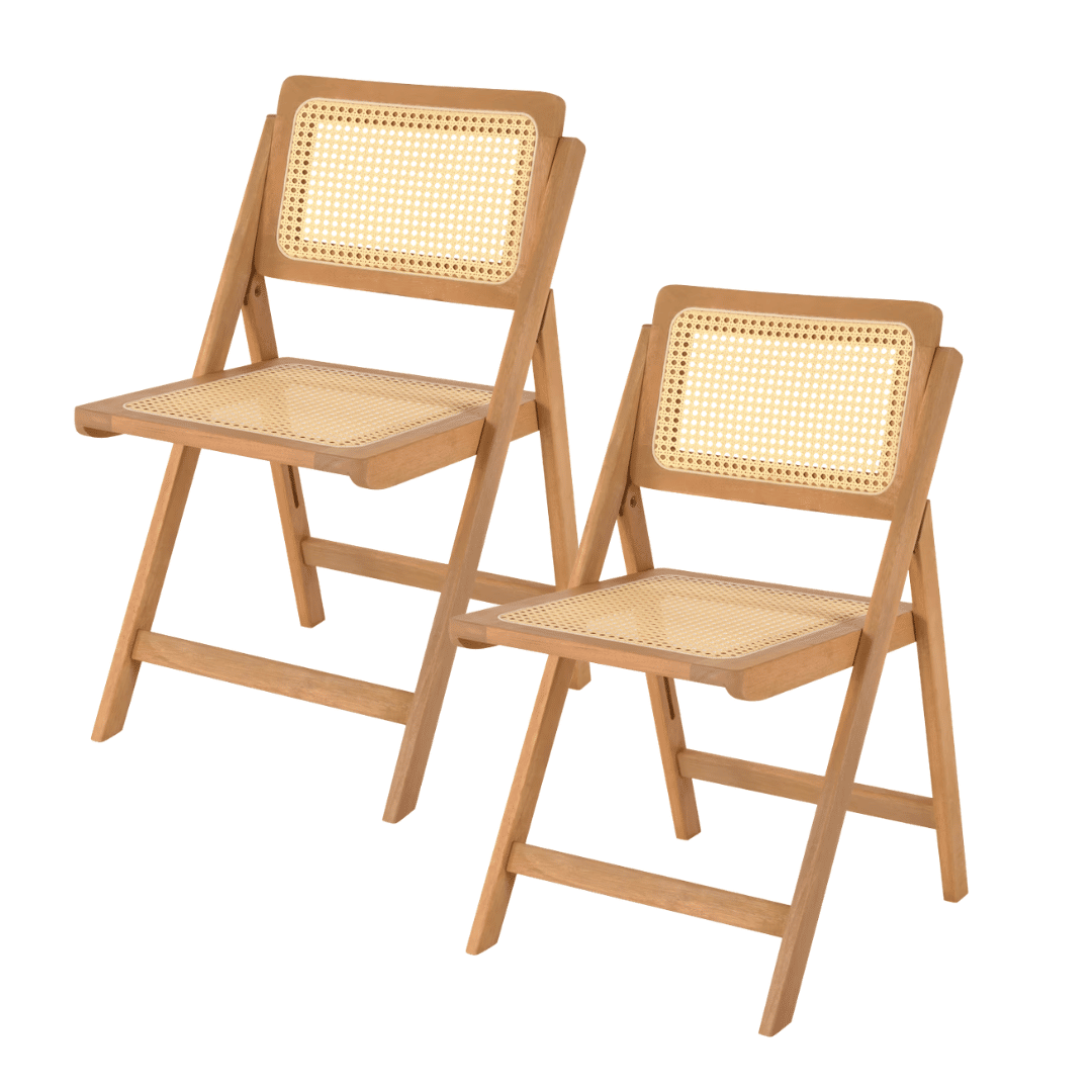 Kit 2 Cadeiras Dobráveis em Madeira de Eucalipto com Assento e Encosto em Rattan Natural Cor Pitanga