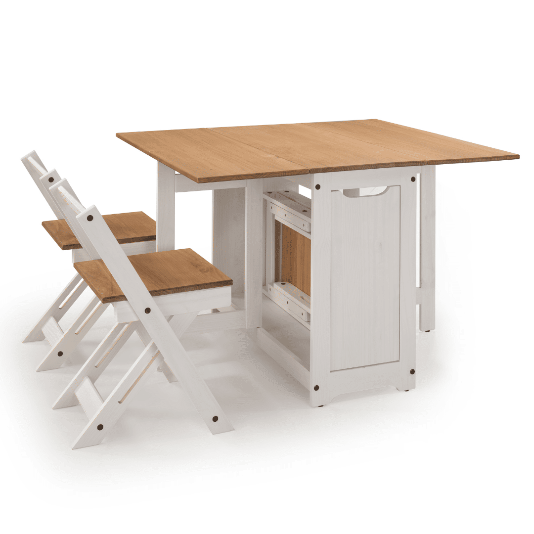 Mesa Dobrável Borboleta com 4 Cadeiras em Madeira Maciça de Pinus Branco Cera