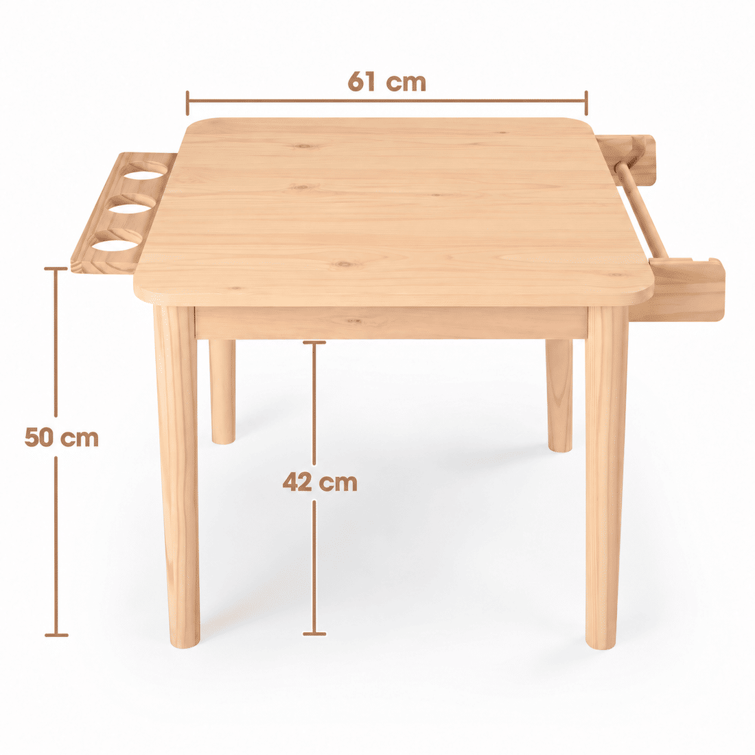 Mesa Infantil Quadrada de Madeira Maciça 61cm Natural com Porta-Lápis e Suporte para Papel