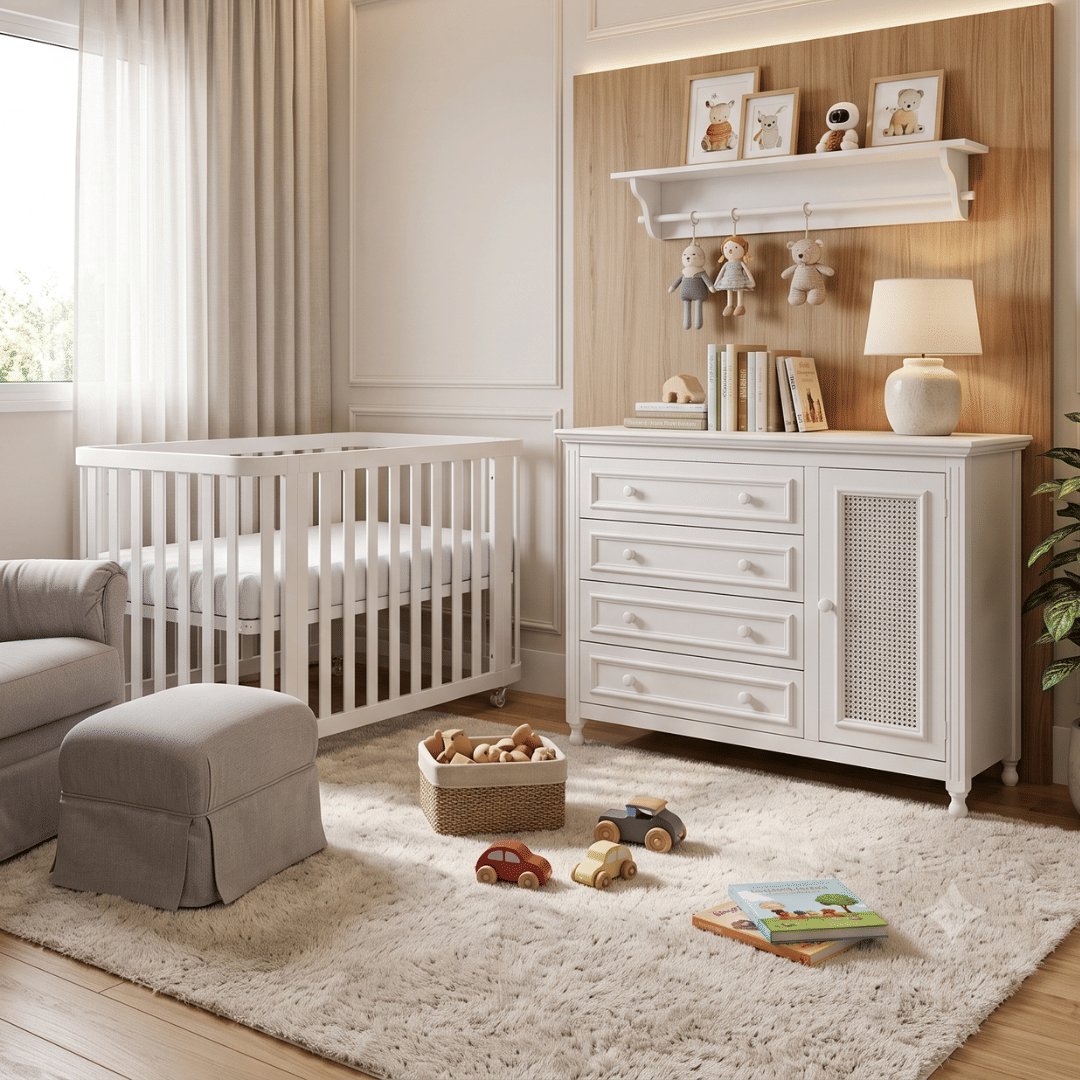 Kit Berço 3 em 1 + Cômoda 4 gavetas e 1 Porta com Rattan Branco | Linha Feliz + 1,2,3 Kit Berço 3 em 1 + Cômoda 4 gavetas e 1 Porta com Rattan Branco | Linha Feliz + 1,2,3