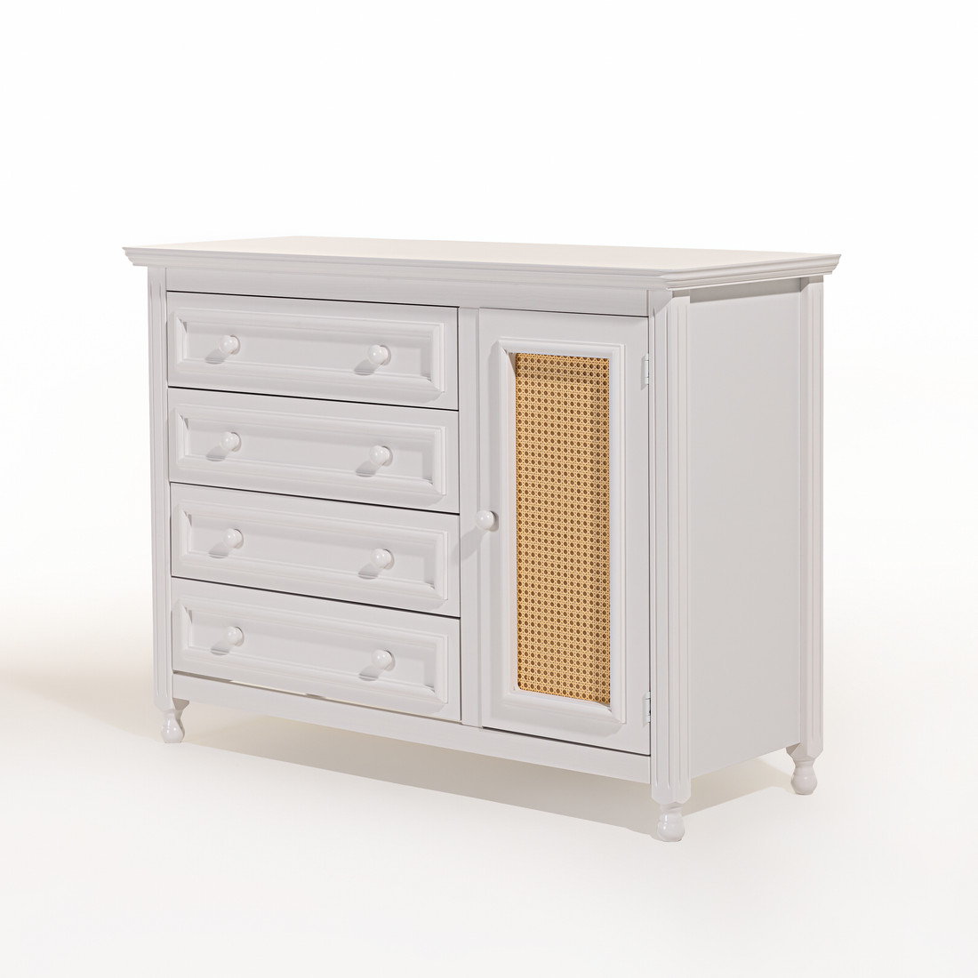 Kit Feliz Berço 2 em 1 e Cômoda 4 Gavetas e 1 Porta com Rattan em Madeira Maciça Branco com Mel Kit Feliz Berço 2 em 1 e Cômoda 4 Gavetas e 1 Porta com Rattan em Madeira Maciça Branco com Mel