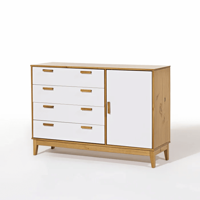 Cômoda Alamo 4 Gavetas e 1 Porta em Madeira Natural + Branco Cômoda Alamo 4 Gavetas e 1 Porta em Madeira Natural + Branco