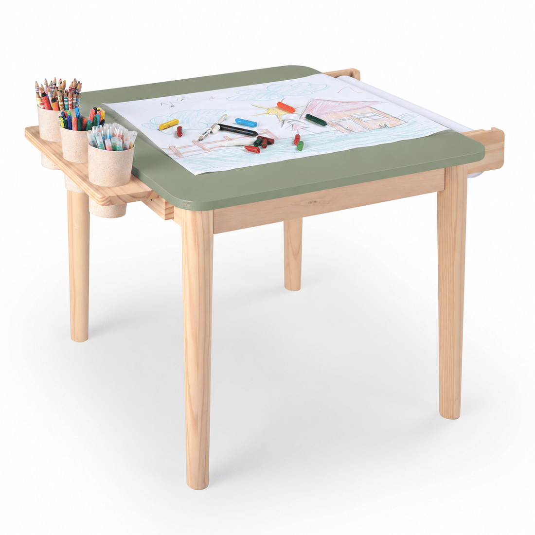 Mesa Infantil Quadrada de Madeira Maciça 61cm Verde Oliva com Porta-Lápis e Suporte para Papel Mesa Infantil Quadrada de Madeira Maciça 61cm Verde Oliva com Porta-Lápis e Suporte para Papel