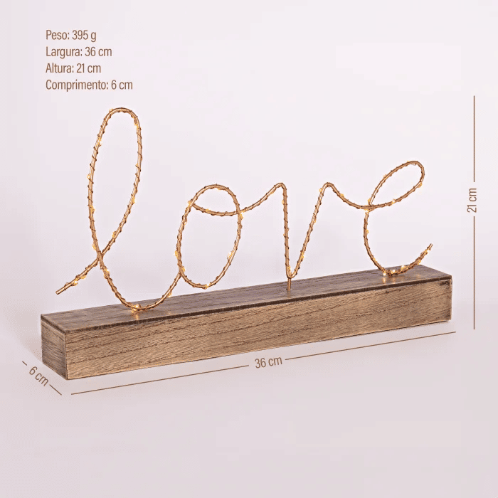 Luminária Decorativa de Mesa para Quarto e Sala Led LOVE Dourado a Pilha Luminária Decorativa de Mesa para Quarto e Sala Led LOVE Dourado a Pilha